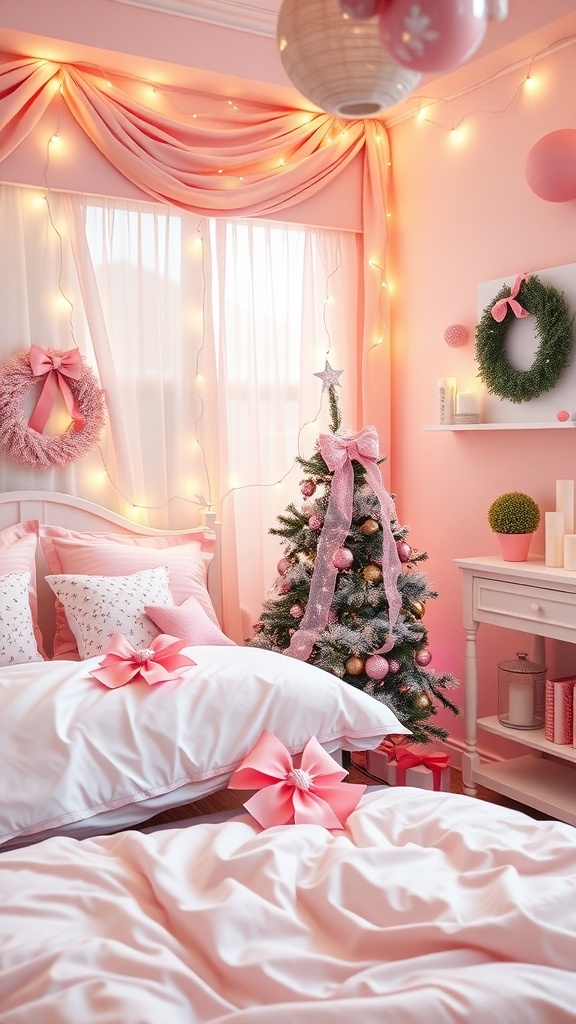 Pink Christmas Bedroom Decor Ideas A cozy pink Christmas bedroom with festive decor, including pink bedding, ornaments, and lights.